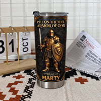 Custom Full Armor Of God tumbler with name Marty on woven mat next to calendar and newspaper