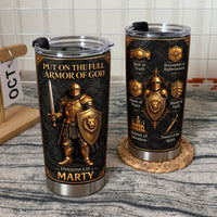 Two Full Armor Of God tumblers on textured surface with calendar blocks and woven coaster