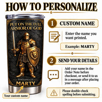 Infographic explaining how to customize the Full Armor Of God tumbler with a custom name