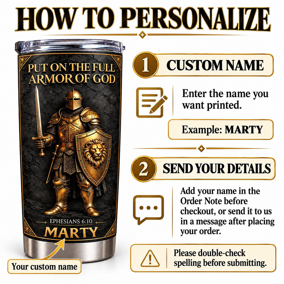 Infographic explaining how to customize the Full Armor Of God tumbler with a custom name