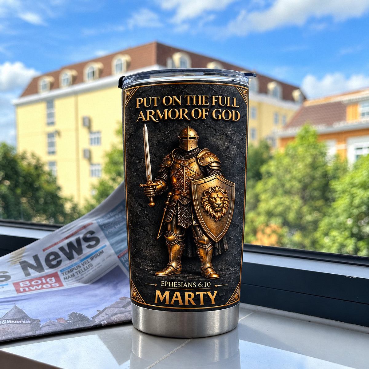 Full Armor of God tumbler with custom name Marty, featuring a golden knight, sword, and lion shield on a dark textured
