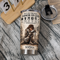 Personalized Christian gift tumbler featuring a kneeling female knight and the name Sophia on a wooden table.