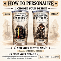 Instructional graphic showing how to personalize the tumbler with men and women knight design options and custom names.