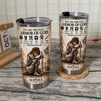 Two Ephesians 6:10 tumblers with female knight design and Sophia name on a white wire grid background.