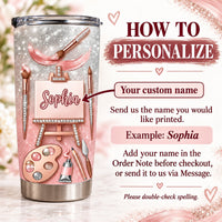 Infographic explaining how to add a custom name to the rose gold artist tumbler.