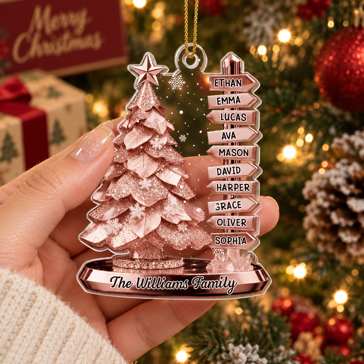 Rose Gold Family Signpost Personalized Christmas Tree Ornament Custom Name Holiday Keepsake Gift on a hanger, ready to ship from Austin, Texas