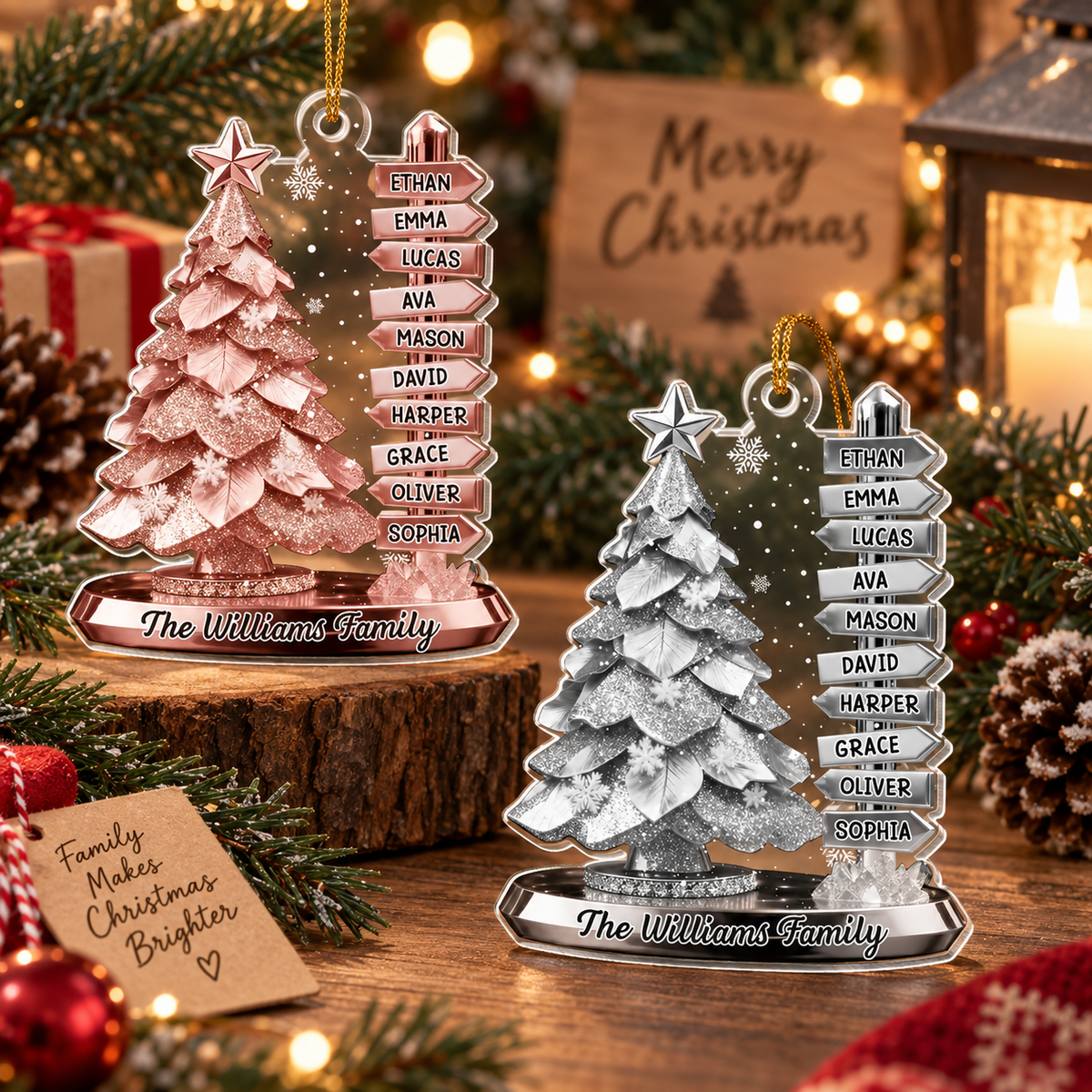 Close-up of Rose Gold Family Signpost Personalized Christmas Tree Ornament Custom Name Holiday Keepsake Gift for streetwear fans in Austin, Texas