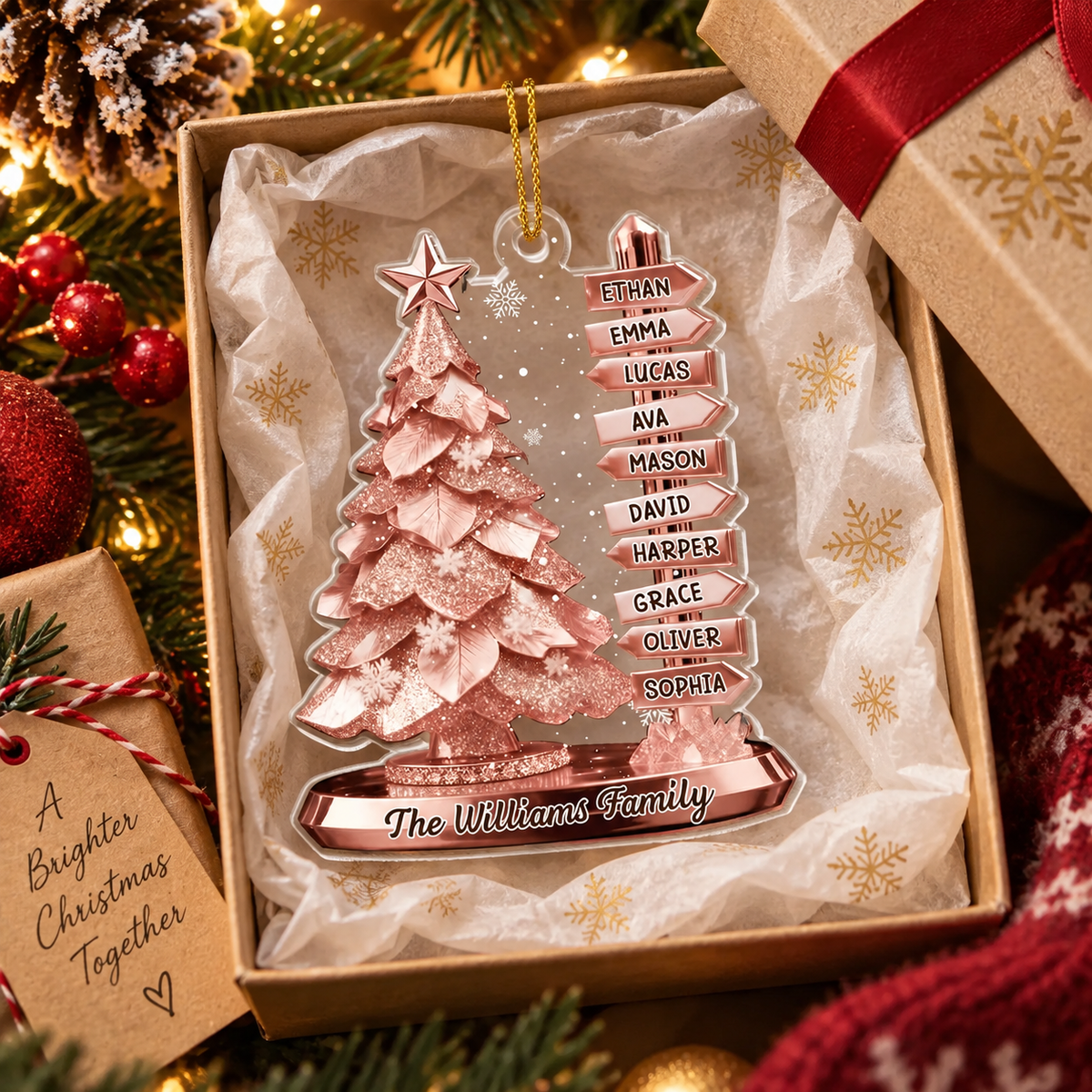 Customer in Austin, Texas wearing Rose Gold Family Signpost Personalized Christmas Tree Ornament Custom Name Holiday Keepsake Gift