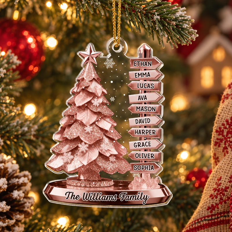 Rose Gold Family Signpost Personalized Christmas Tree Ornament Custom Name Holiday Keepsake Gift available at our Austin, Texas warehouse