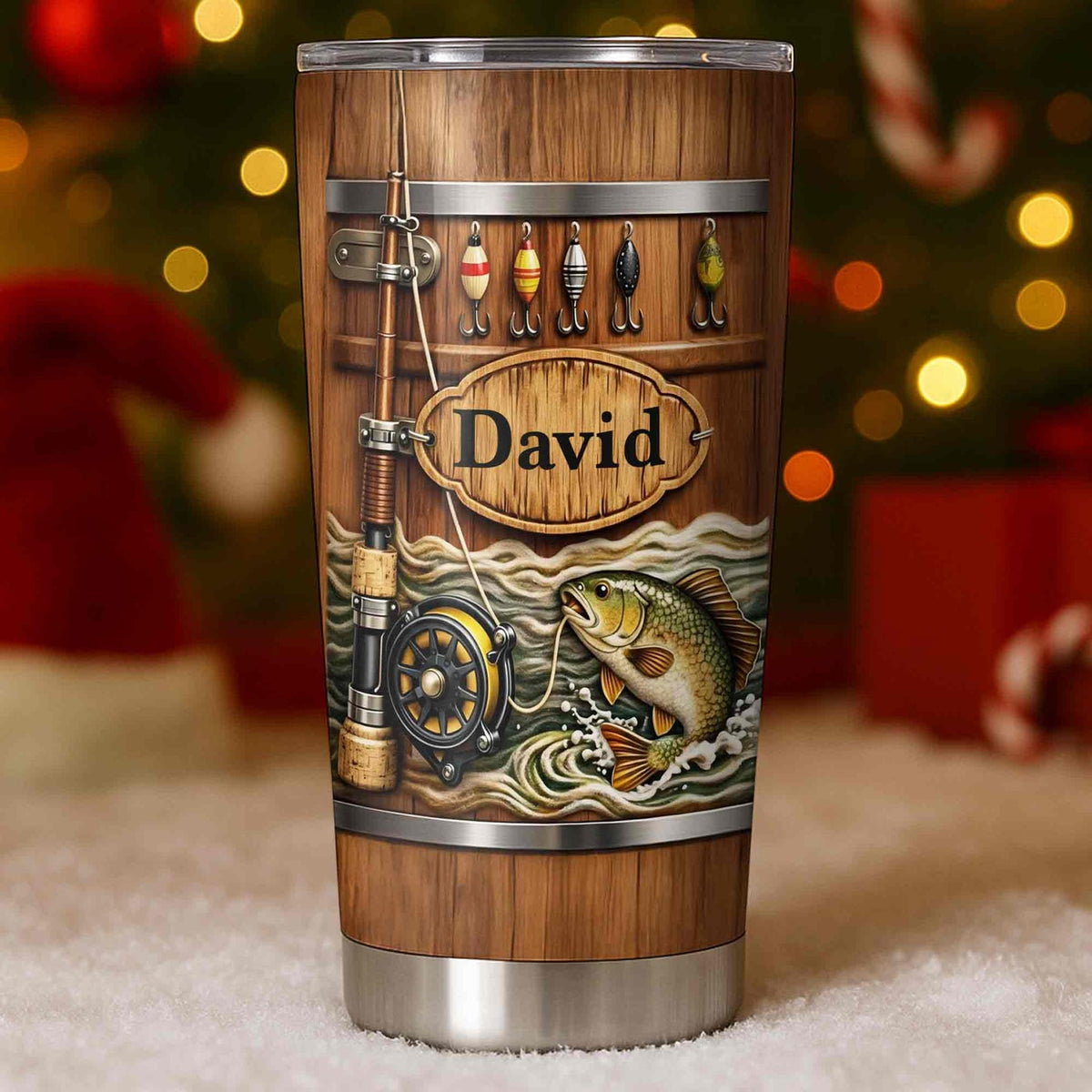 Rustic Wood Barrel Fishing Tumbler, Custom Name Leaping Bass Fly Rod and Lures Design, Personalized  on a hanger, ready to ship from Austin, Texas