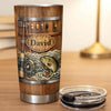 Customer in Austin, Texas wearing Rustic Wood Barrel Fishing Tumbler, Custom Name Leaping Bass Fly Rod and Lures Design, Personalized 