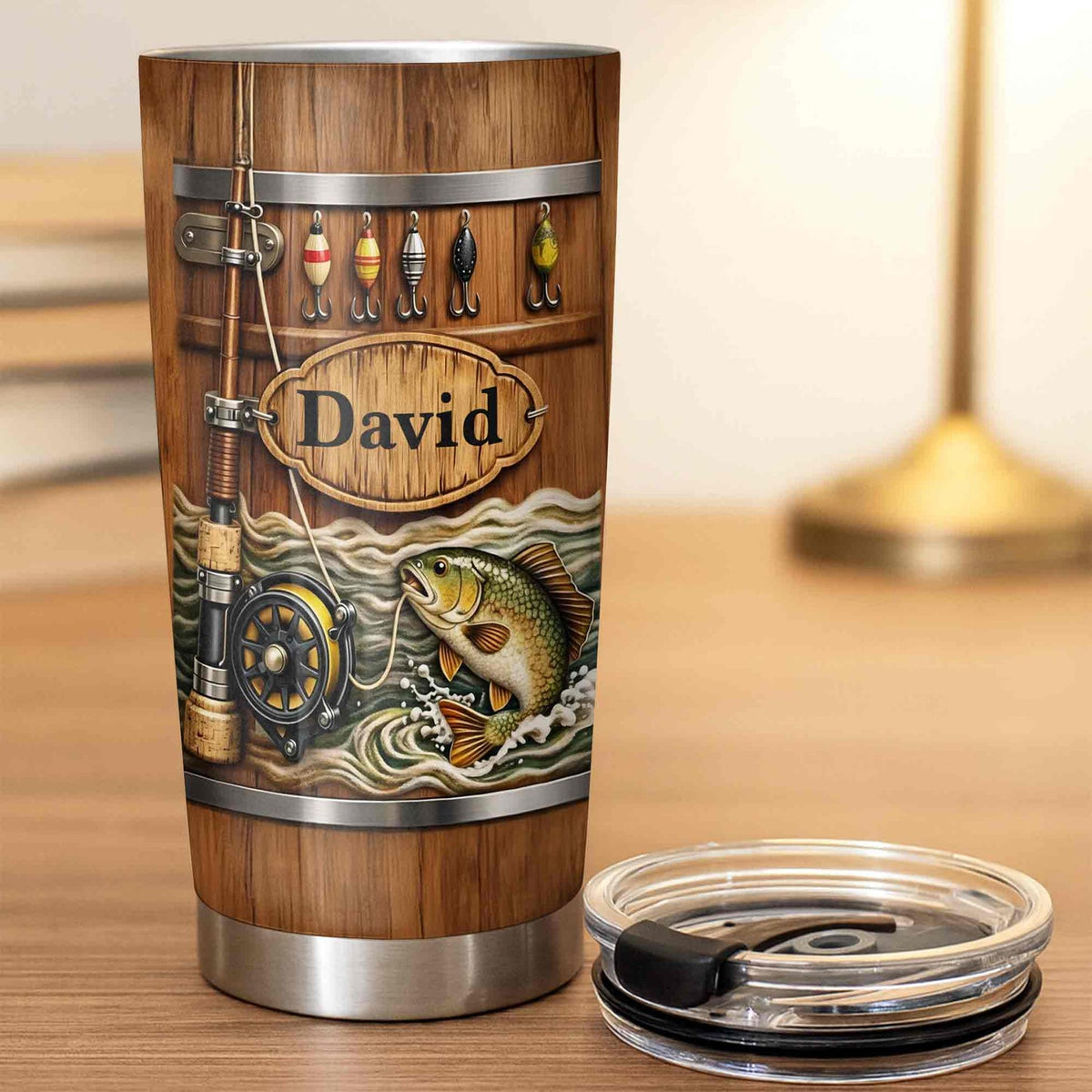Customer in Austin, Texas wearing Rustic Wood Barrel Fishing Tumbler, Custom Name Leaping Bass Fly Rod and Lures Design, Personalized 