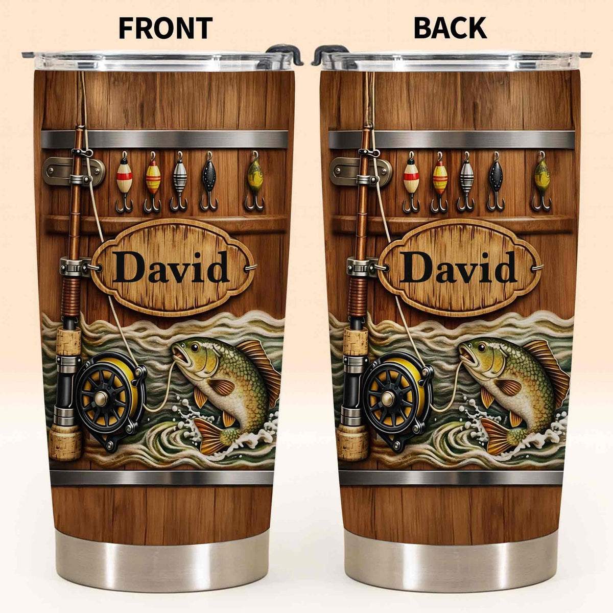 Customer in Austin, Texas wearing Rustic Wood Barrel Fishing Tumbler, Custom Name Leaping Bass Fly Rod and Lures Design, Personalized 
