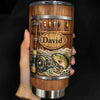 Close-up of Rustic Wood Barrel Fishing Tumbler, Custom Name Leaping Bass Fly Rod and Lures Design, Personalized  for streetwear fans in Austin, Texas