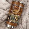 Customer in Austin, Texas wearing Rustic Wood Barrel Fishing Tumbler, Custom Name Leaping Bass Fly Rod and Lures Design, Personalized 