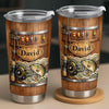 Close-up of Rustic Wood Barrel Fishing Tumbler, Custom Name Leaping Bass Fly Rod and Lures Design, Personalized  for streetwear fans in Austin, Texas