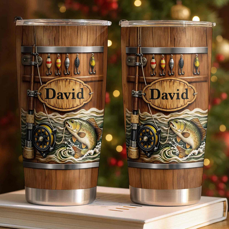 Rustic Wood Barrel Fishing Tumbler, Custom Name Leaping Bass Fly Rod and Lures Design, Personalized  available at our Austin, Texas warehouse