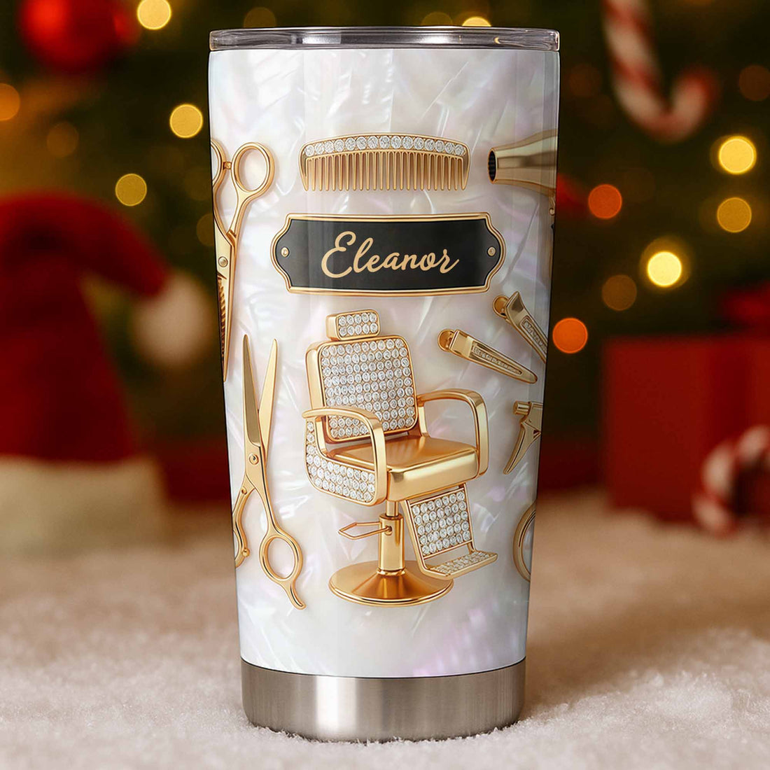 Salon Professional Hair Stylist Tumbler Personalized Stainless Steel Cup With Hair Tools Design Gift on a hanger, ready to ship from Austin, Texas