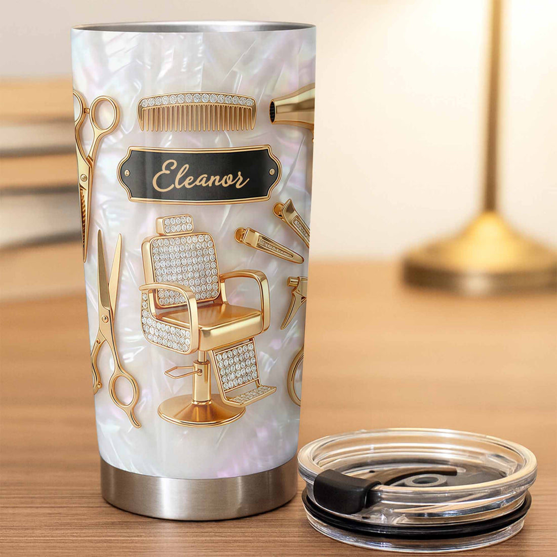 Customer in Austin, Texas wearing Salon Professional Hair Stylist Tumbler Personalized Stainless Steel Cup With Hair Tools Design Gift