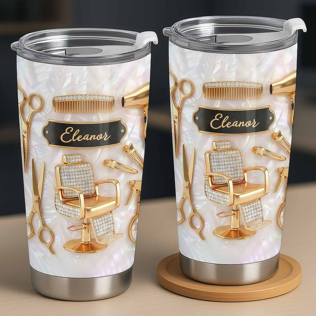Customer in Austin, Texas wearing Salon Professional Hair Stylist Tumbler Personalized Stainless Steel Cup With Hair Tools Design Gift