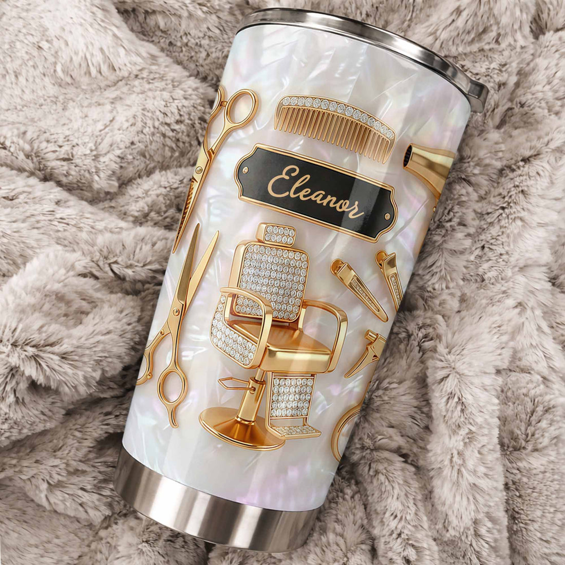 Close-up of Salon Professional Hair Stylist Tumbler Personalized Stainless Steel Cup With Hair Tools Design Gift for streetwear fans in Austin, Texas