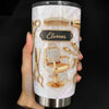 Close-up of Salon Professional Hair Stylist Tumbler Personalized Stainless Steel Cup With Hair Tools Design Gift for streetwear fans in Austin, Texas