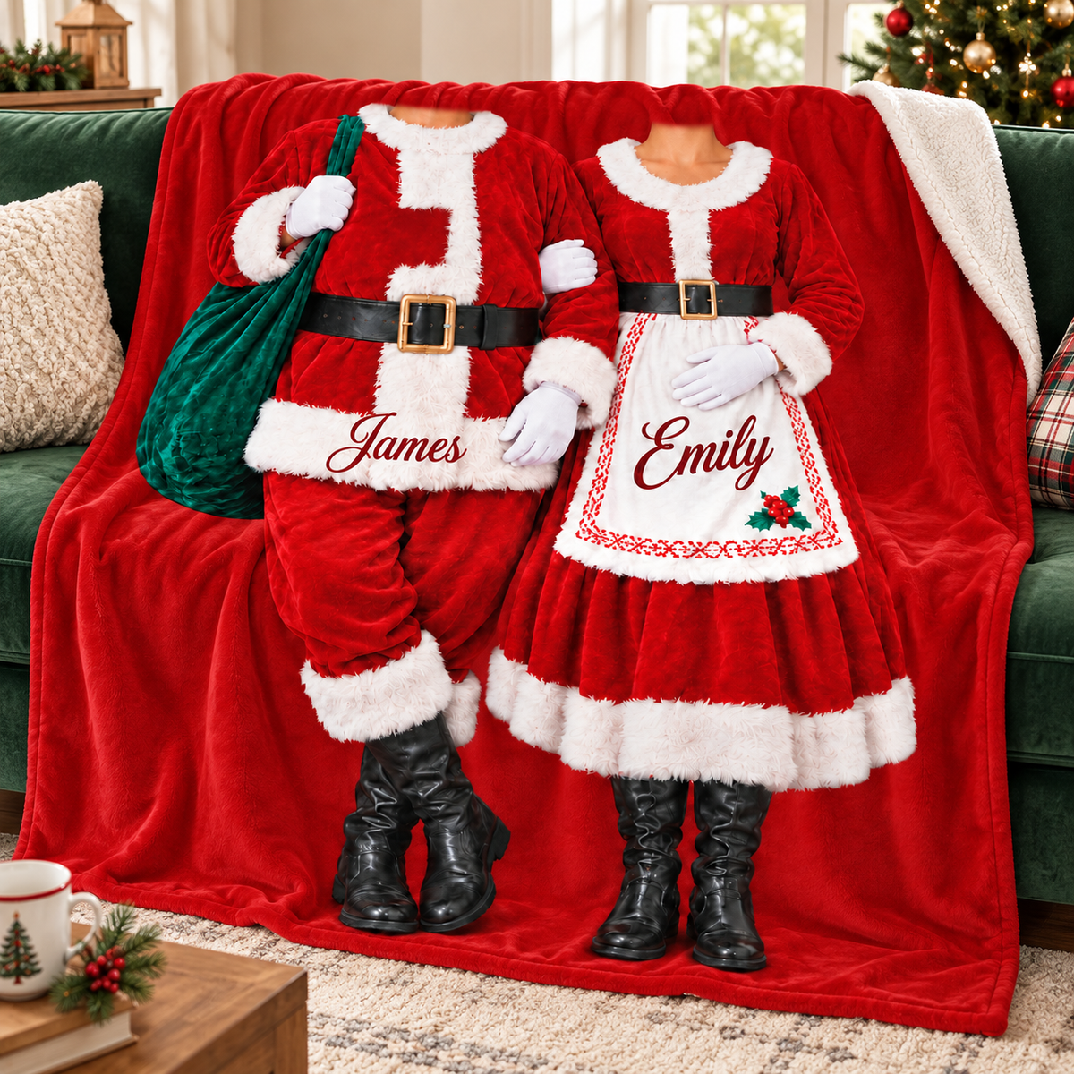 Personalized Christmas blanket featuring custom names on Santa and Mrs Claus costume body print on green sofa