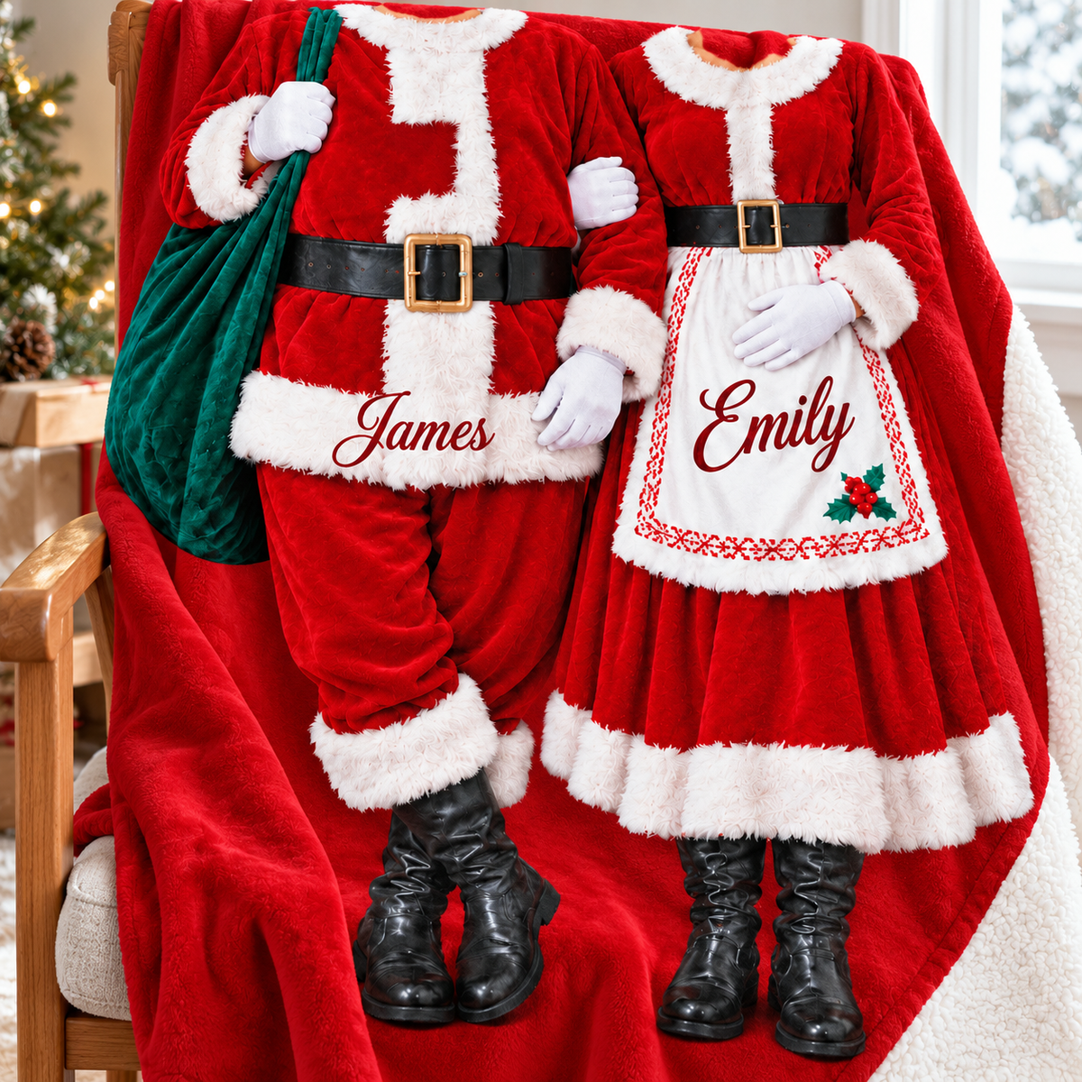 Holiday Sherpa throw draped over a wooden chair showing custom Santa and Mrs Claus couple outfit design