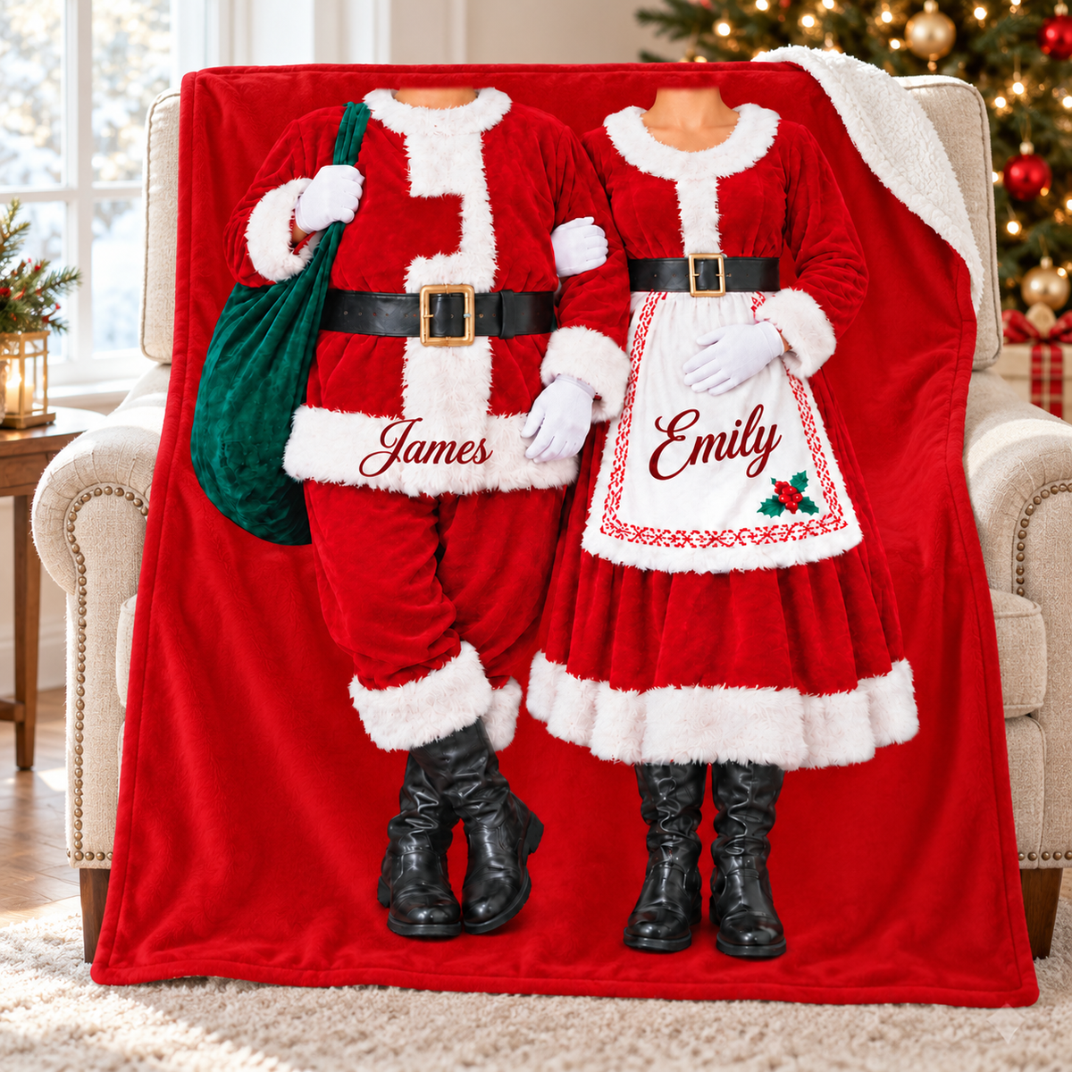 Personalized christmas blanket draped on a cozy beige armchair with a lit Christmas tree in the background