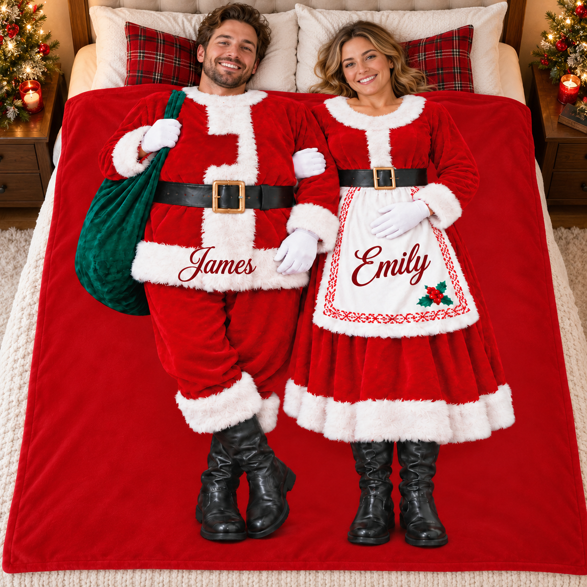 Couple gift for him and her displayed flat on a made bed with custom Santa and Mrs Claus costume names