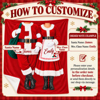 Instructional graphic showing how to personalize the Santa and Mrs Claus couple blanket with custom names.