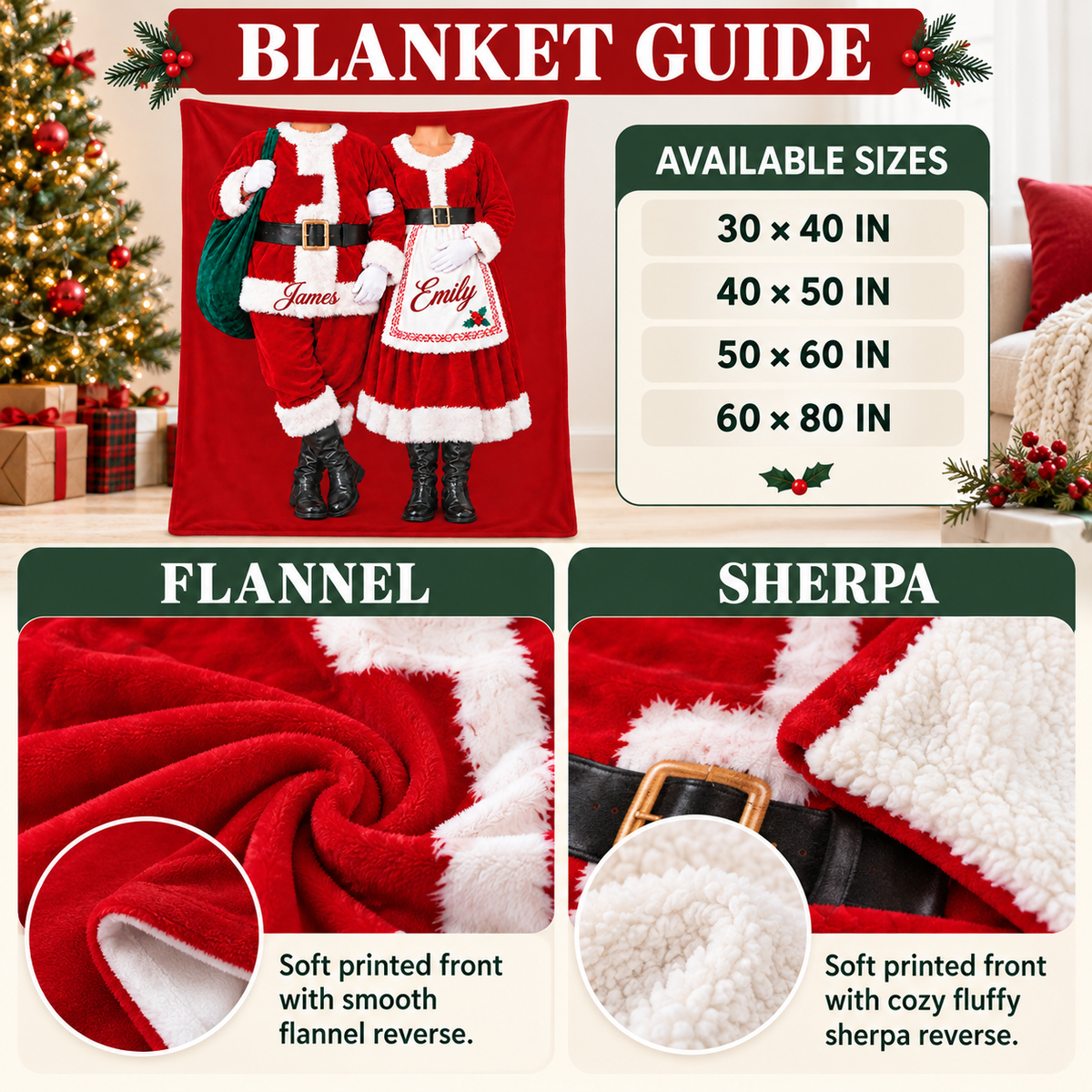 Santa and Mrs Claus Costume Couple Blanket size and fabric guide with flannel and sherpa details