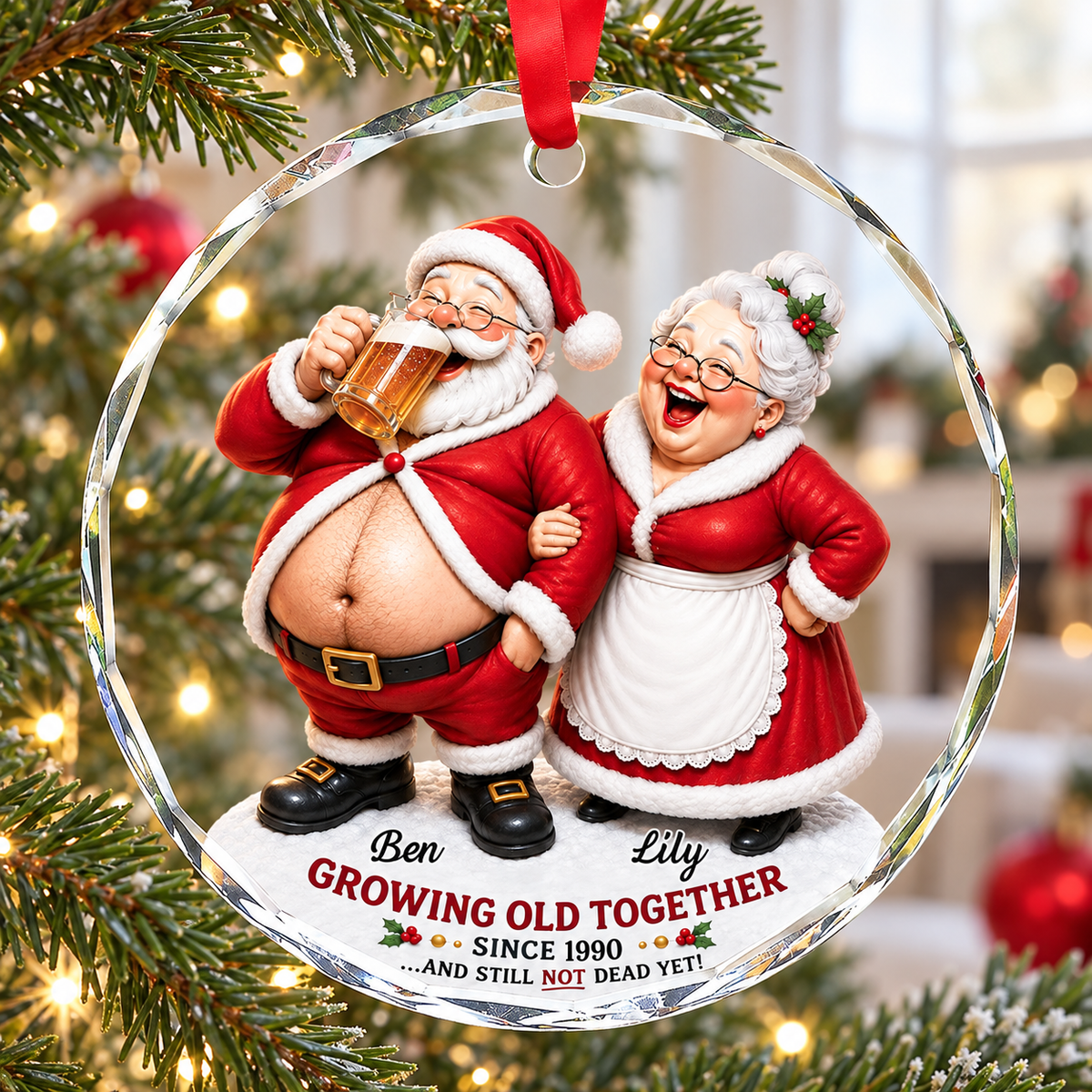 Personalized Santa Couple Glass Ornament Growing Old Together Christmas Gift - main design