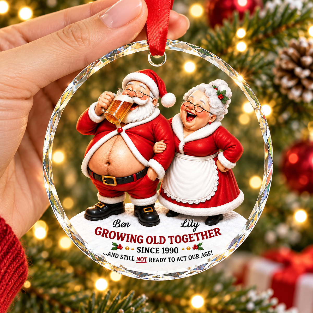 Personalized Santa Couple Glass Ornament Growing Old Together Christmas Gift - product view 2