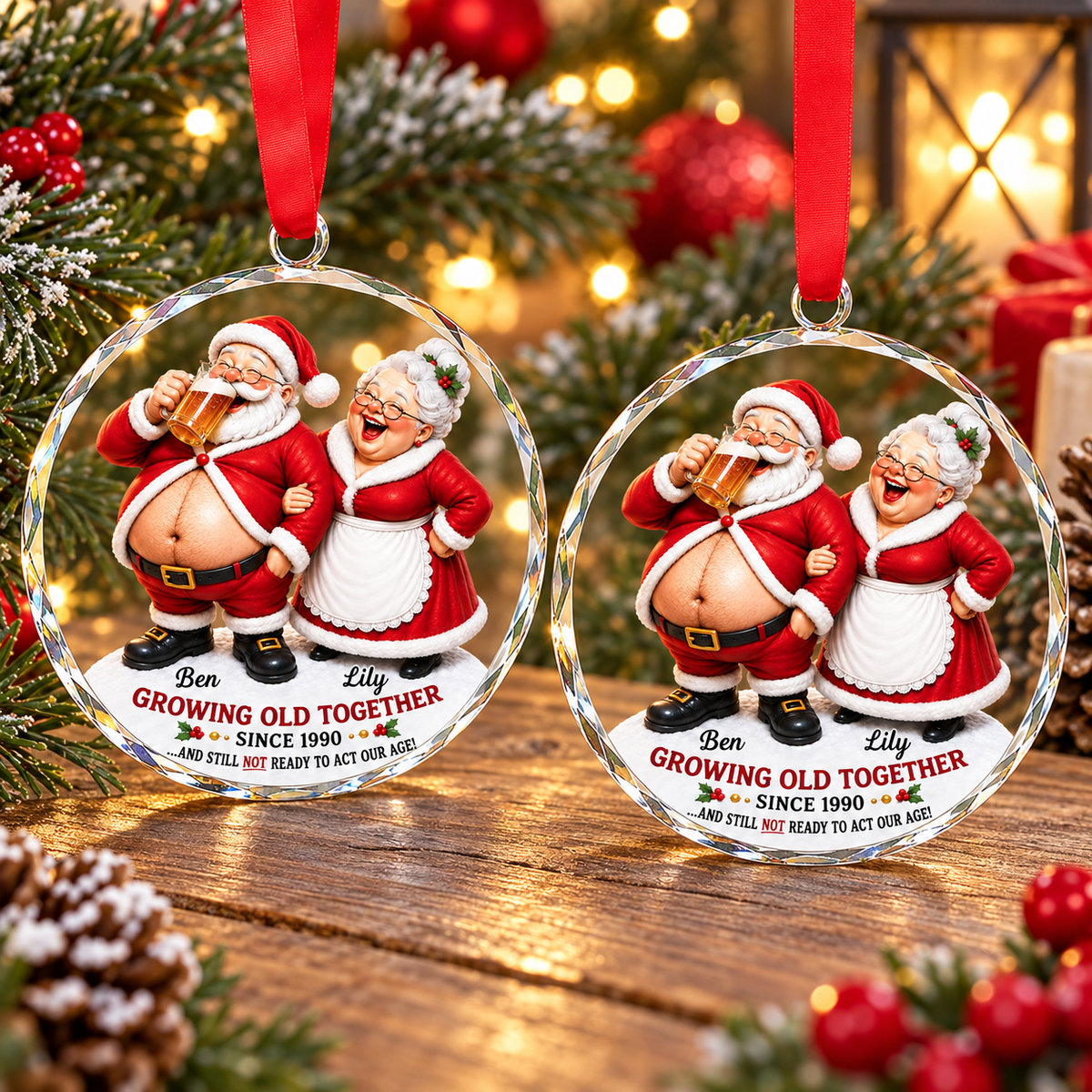 Personalized Santa Couple Glass Ornament Growing Old Together Christmas Gift - product view 3