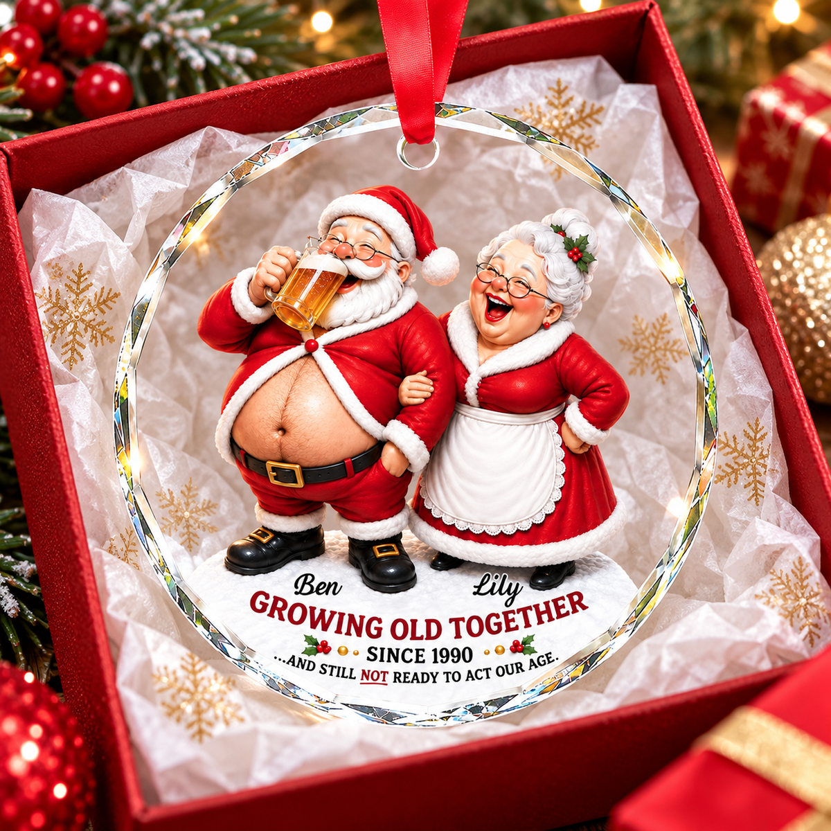Personalized Santa Couple Glass Ornament Growing Old Together Christmas Gift - product view 4