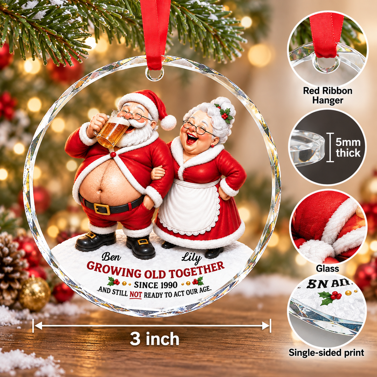 Personalized Santa Couple Glass Ornament Growing Old Together Christmas Gift - size and material details