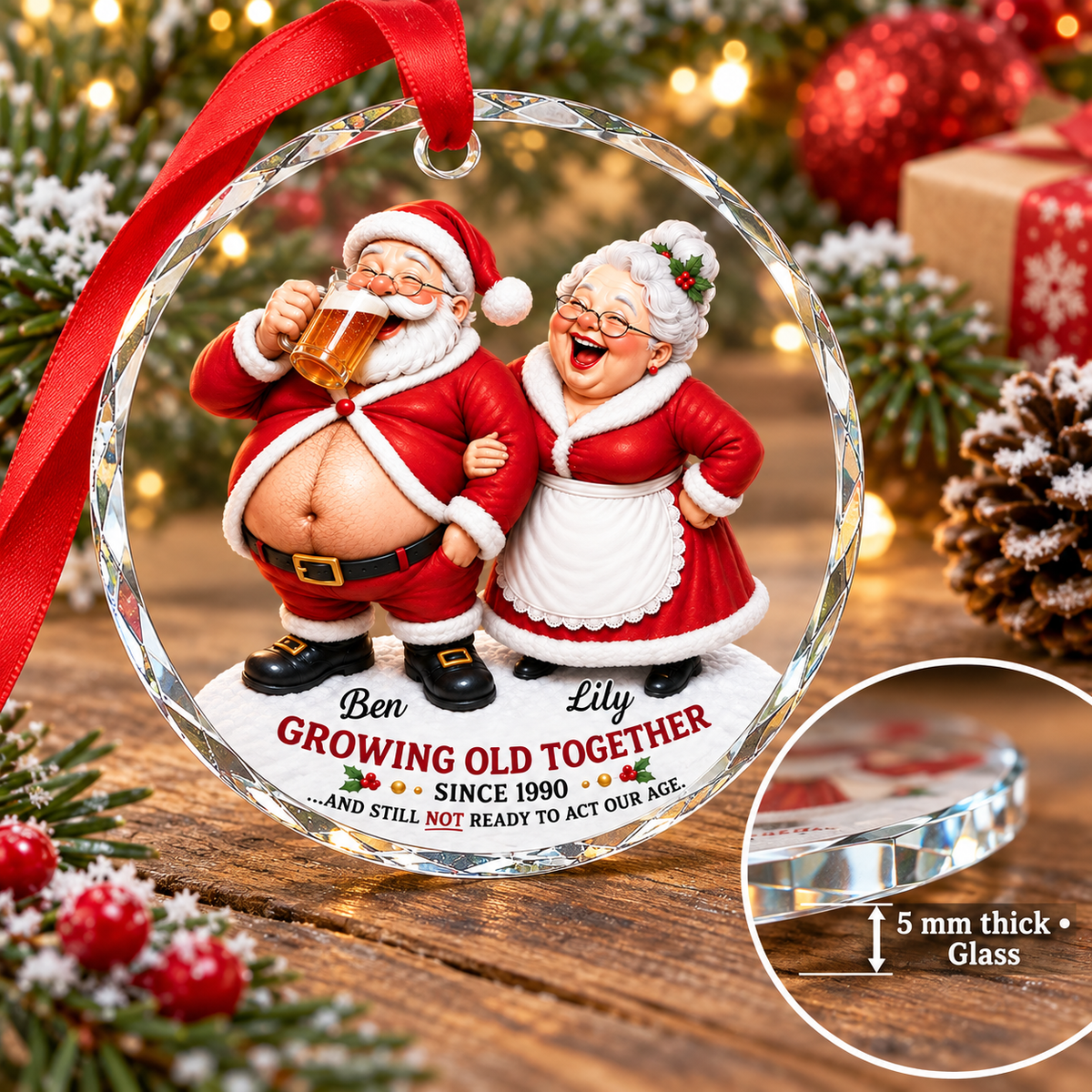 Personalized Santa Couple Glass Ornament Growing Old Together Christmas Gift - size and material details