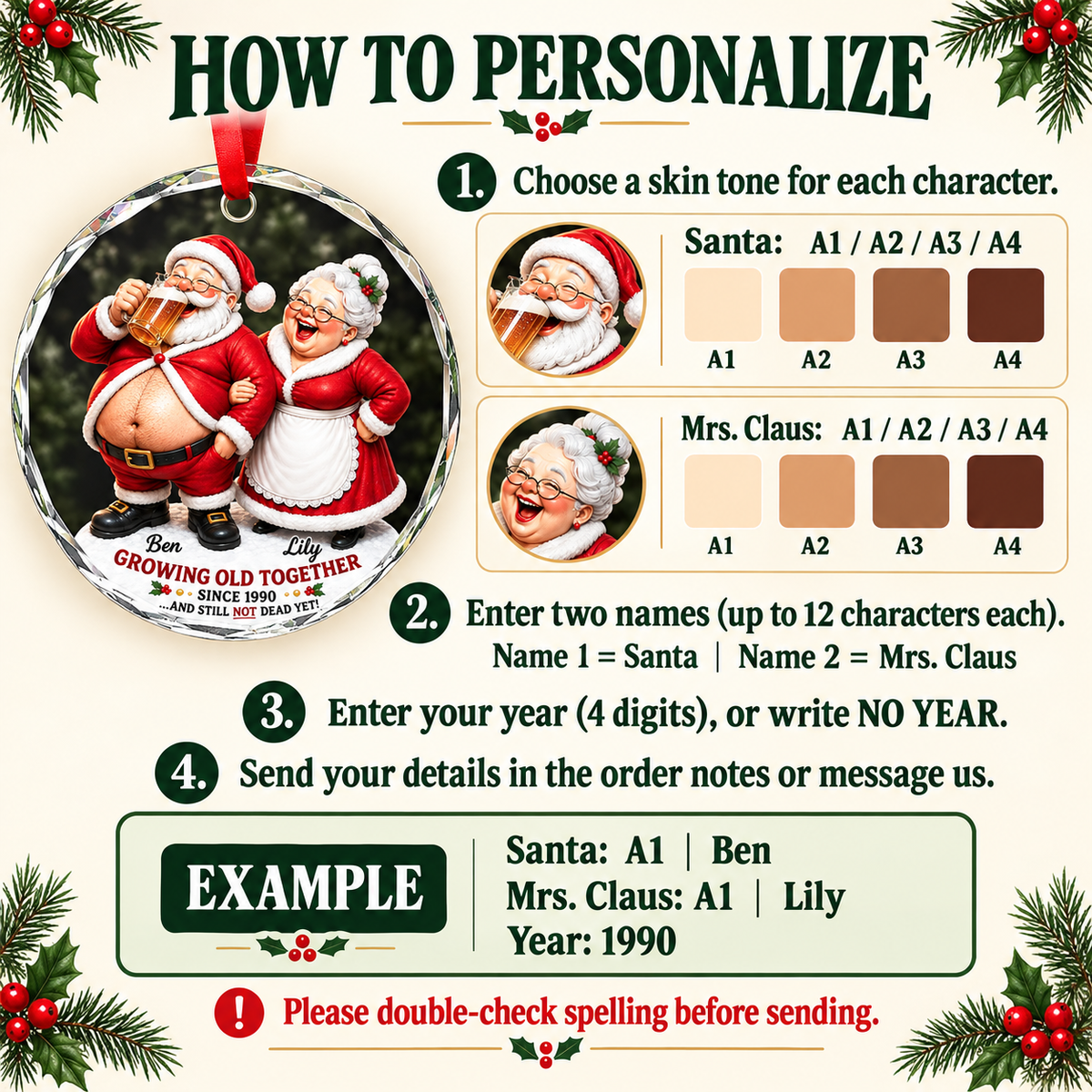 Personalized Santa Couple Glass Ornament Growing Old Together Christmas Gift - personalization guide
