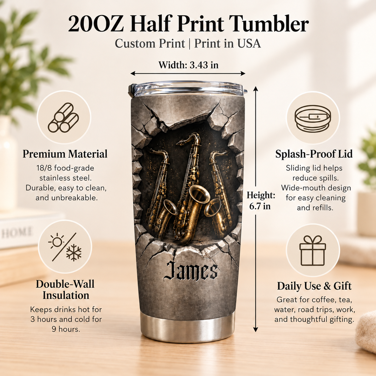 Personalized Saxophone Music Tumbler Custom Name Saxophonist Gift - product view 8