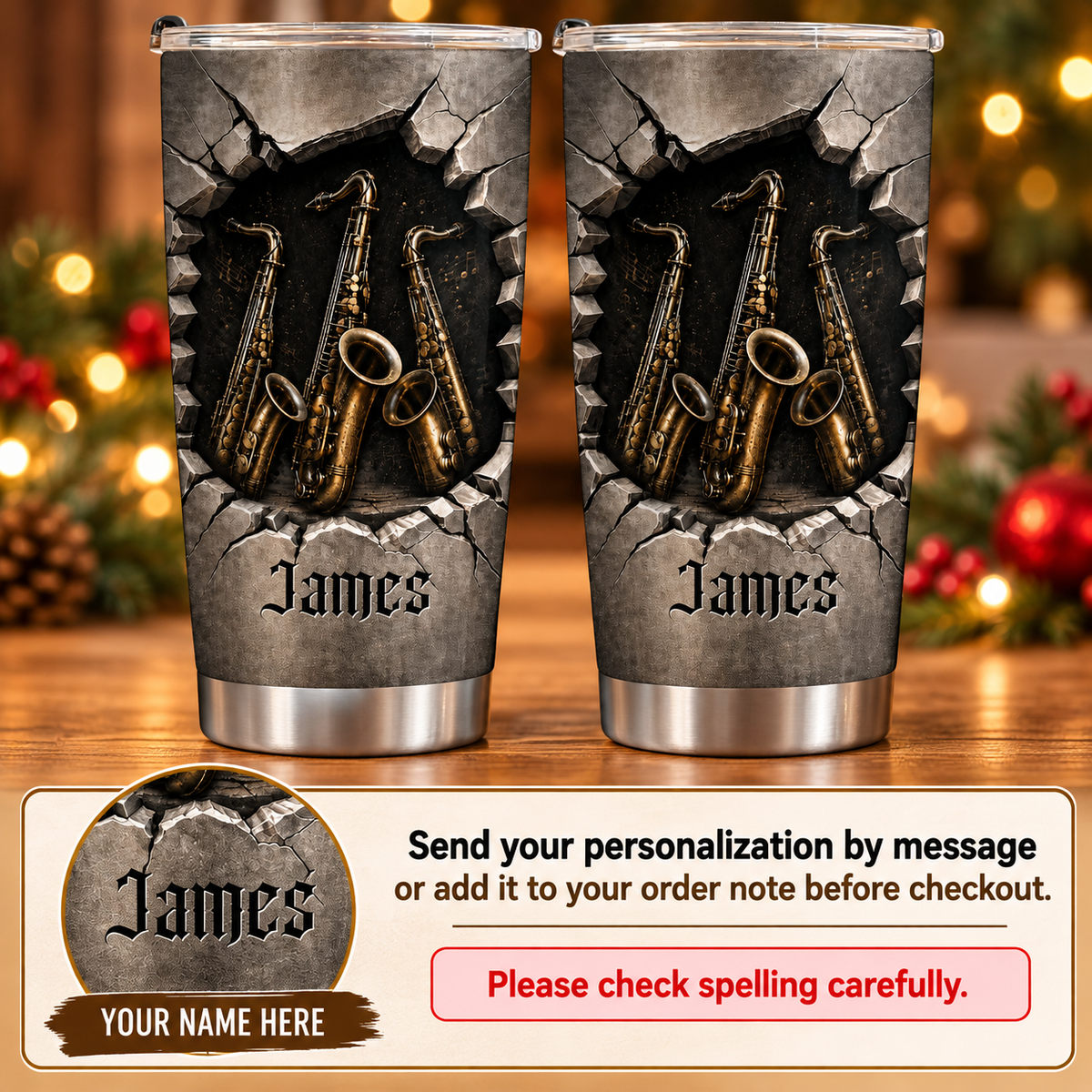 Personalized Saxophone Music Tumbler Custom Name Saxophonist Gift - personalization guide