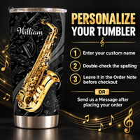 Personalization instruction graphic for the saxophone musician tumbler with steps on how to add a custom name.