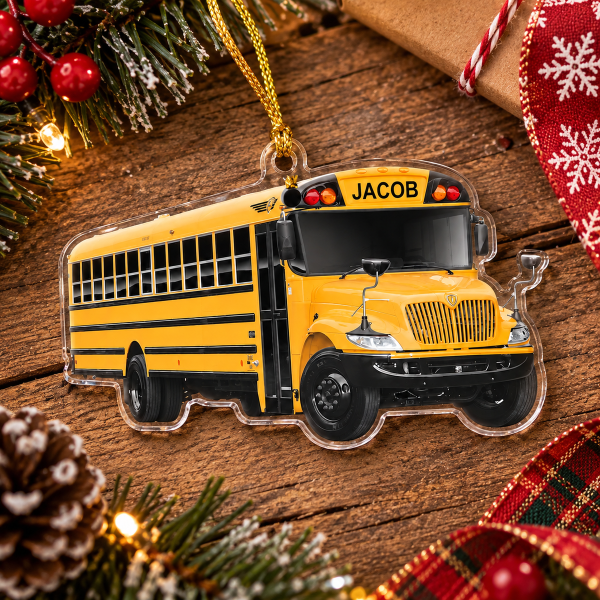 Customer in Austin, Texas wearing School Bus Ornament Personalized Acrylic Christmas Gift for Teacher and Bus Driver