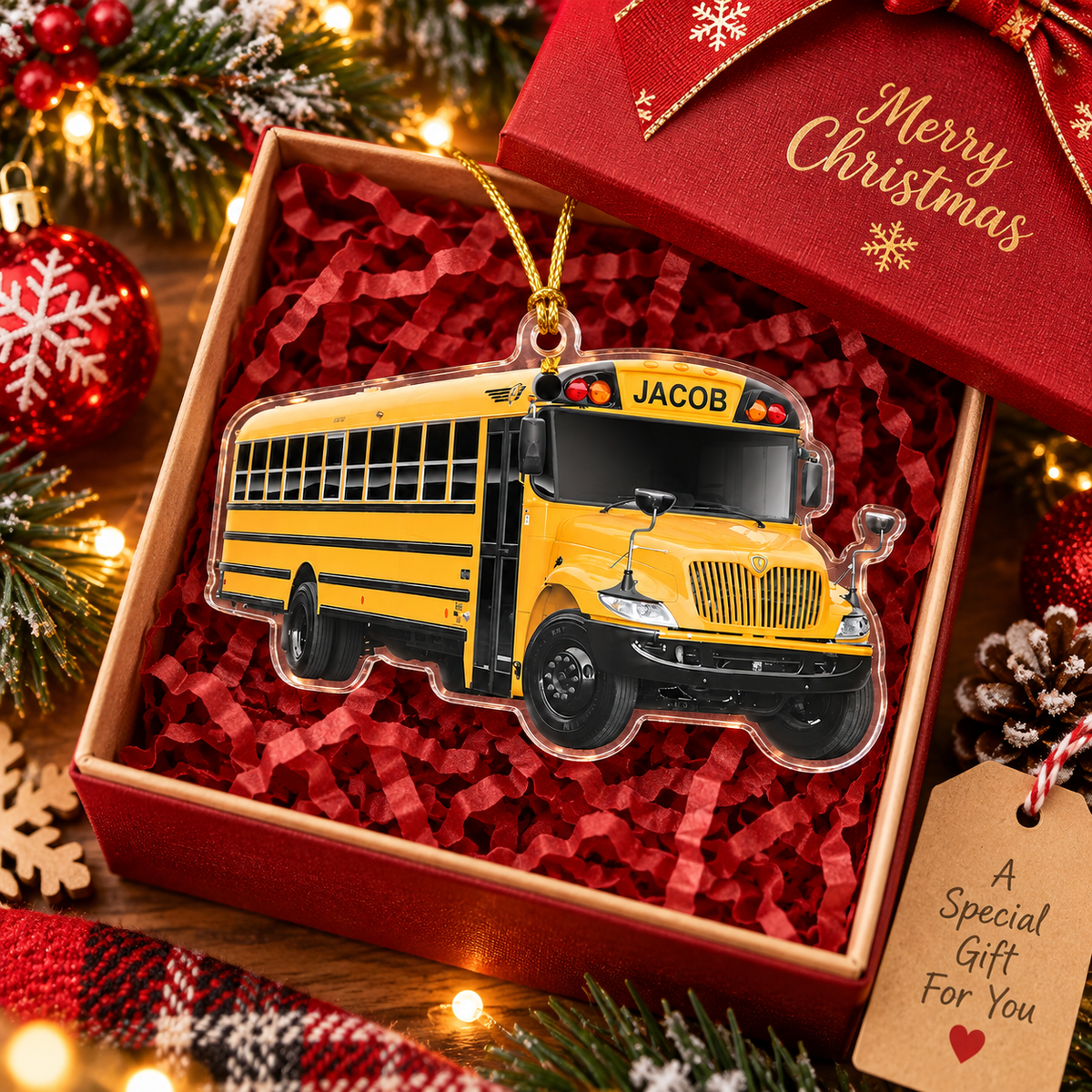 Customer in Austin, Texas wearing School Bus Ornament Personalized Acrylic Christmas Gift for Teacher and Bus Driver