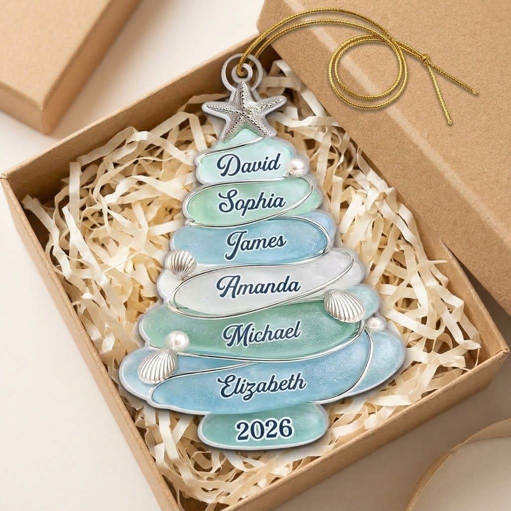 Sea Glass Christmas Tree Family Ornament Personalized Coastal Beach Holiday Keepsake Decor Gift on a hanger, ready to ship from Austin, Texas