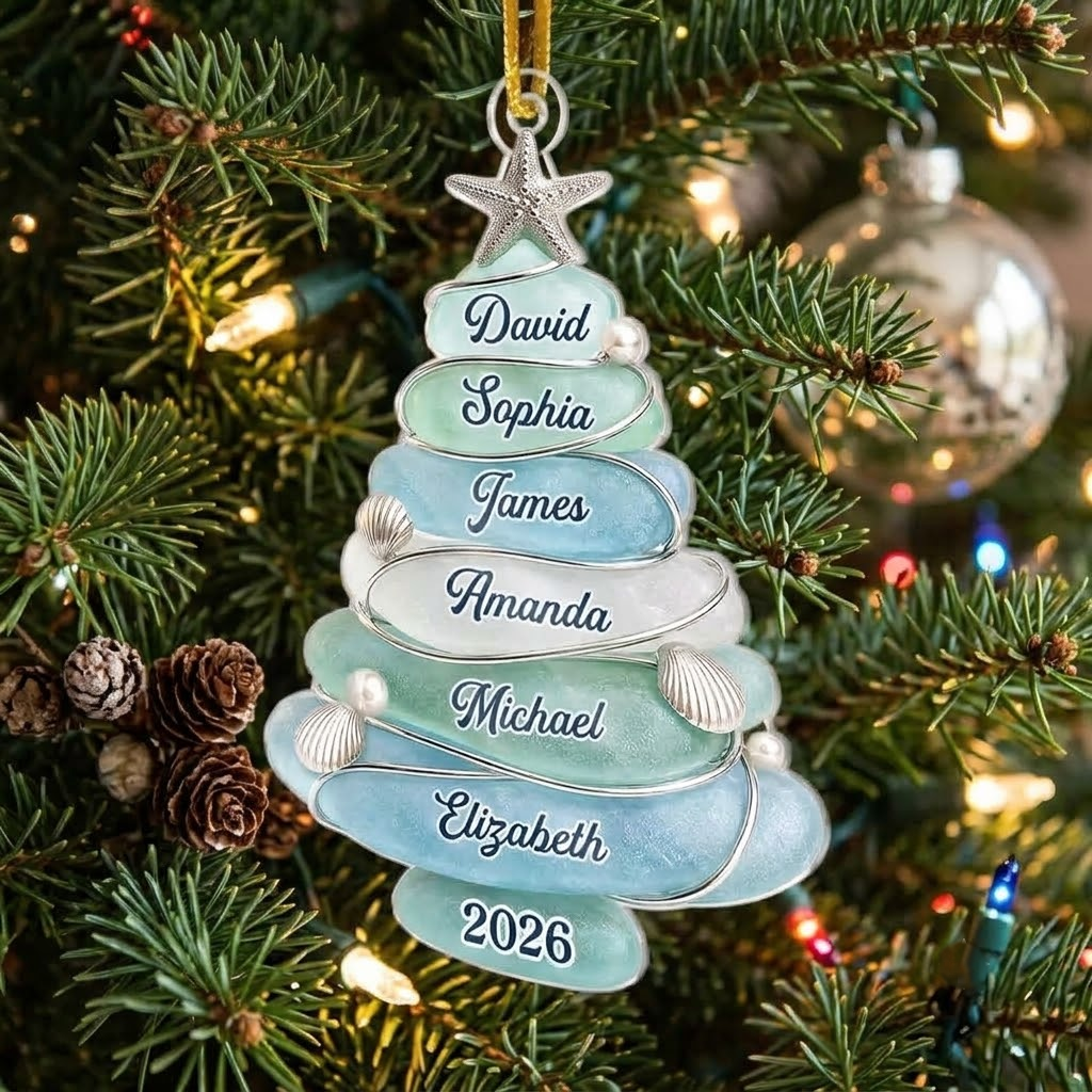 Customer in Austin, Texas wearing Sea Glass Christmas Tree Family Ornament Personalized Coastal Beach Holiday Keepsake Decor Gift
