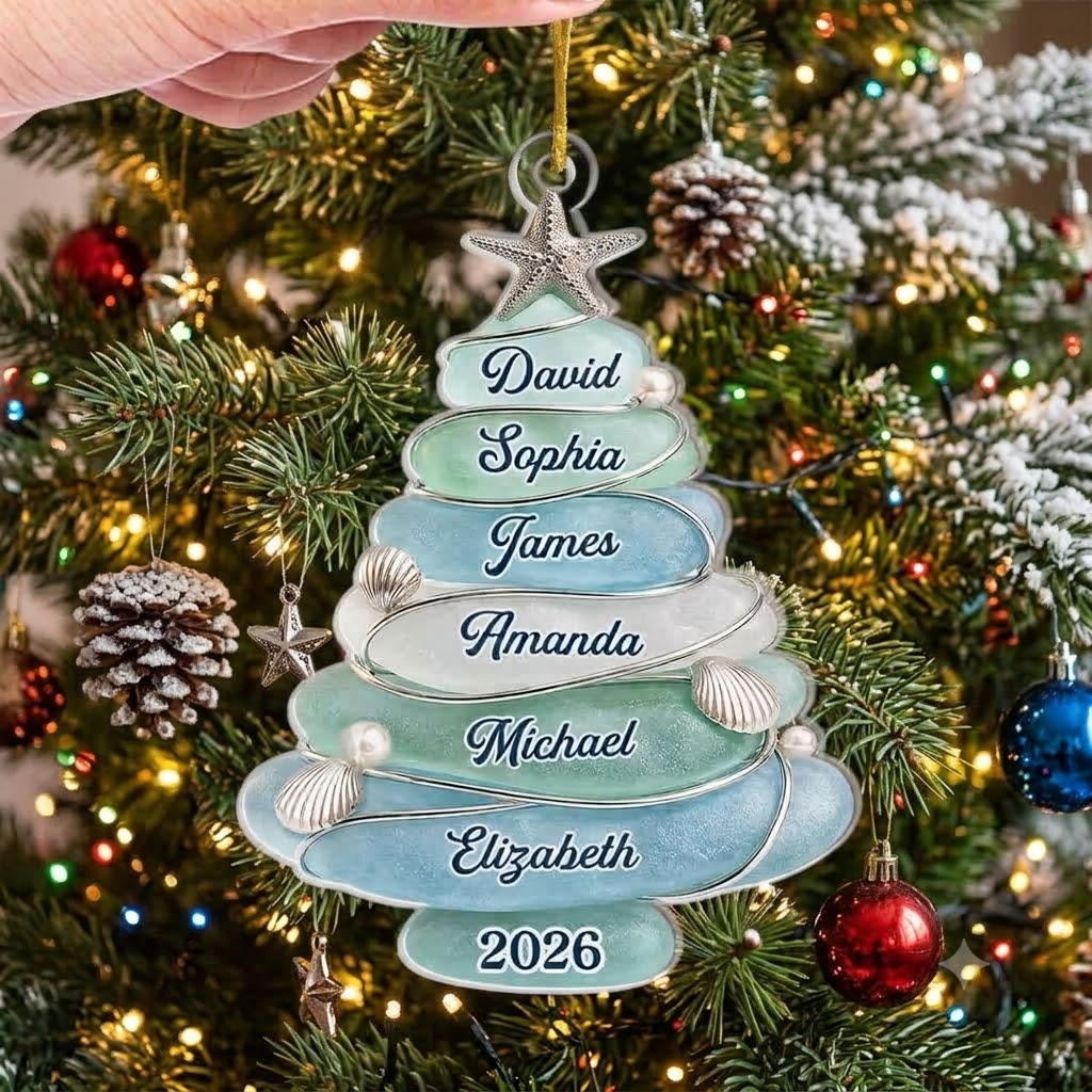 Close-up of Sea Glass Christmas Tree Family Ornament Personalized Coastal Beach Holiday Keepsake Decor Gift for streetwear fans in Austin, Texas