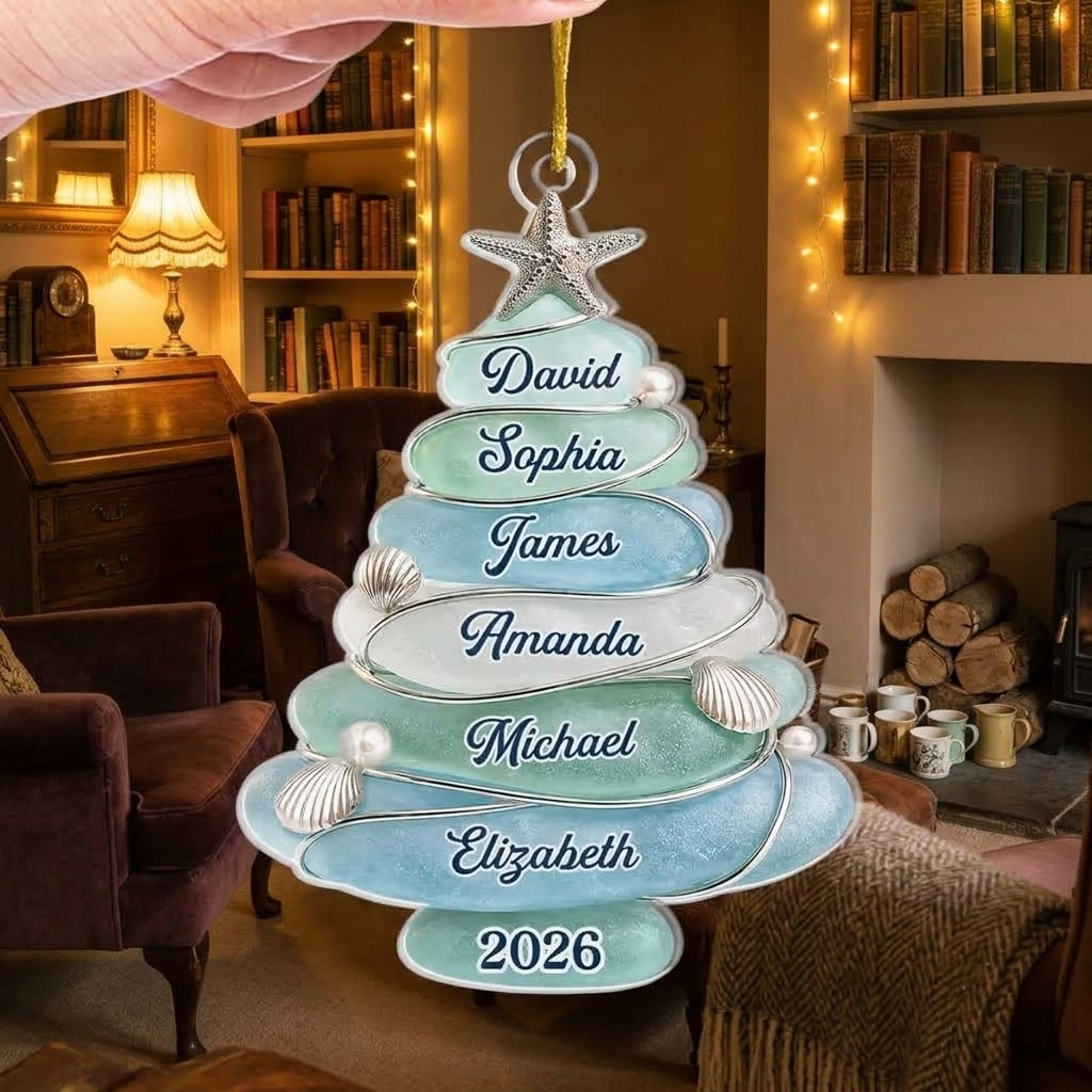 Sea Glass Christmas Tree Family Ornament Personalized Coastal Beach Holiday Keepsake Decor Gift available at our Austin, Texas warehouse