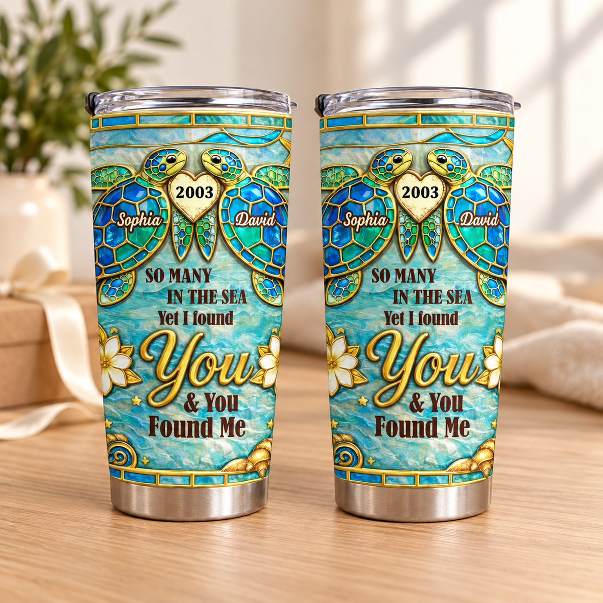 Personalized Sea Turtle Couple Tumbler Custom Names Anniversary Year Gift - main design