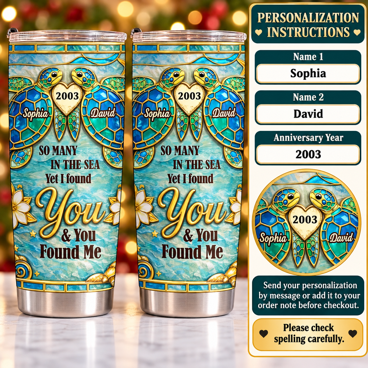 Personalized Sea Turtle Couple Tumbler Custom Names Anniversary Year Gift - personalization guide